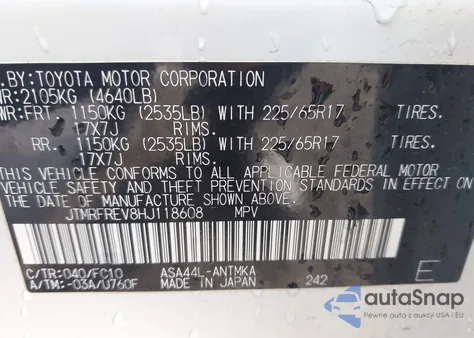 2017 Toyota Rav4 Xle из США, поврежденный, VIN JTMRFREV8HJ118608